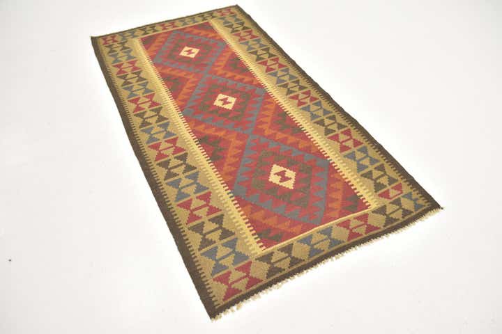 3' 5 x 6' 6 Hand Woven Kilim Maymana Wool Runner Rug