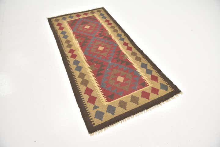 3' 2 x 6' 6 Hand Woven Kilim Maymana Wool Runner Rug