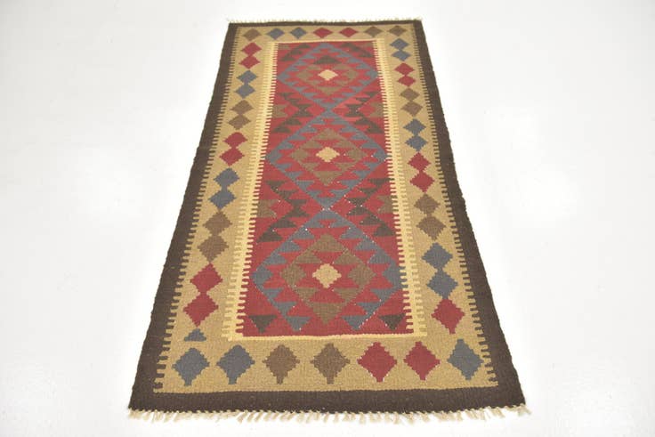 Detail image of 3' 2 x 6' 6 Hand Woven Kilim Maymana Wool Runner Rug
