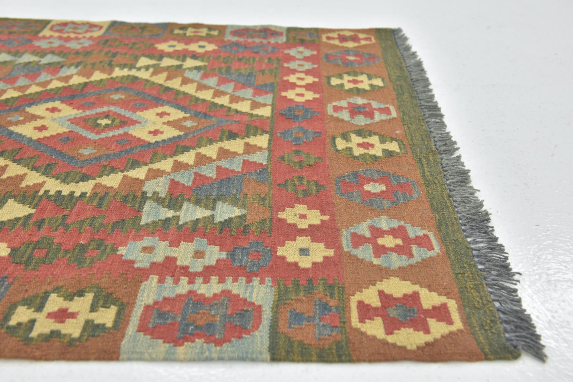 3' 4 x 6' 4 Hand Woven Kilim Maymana Wool Runner Rug