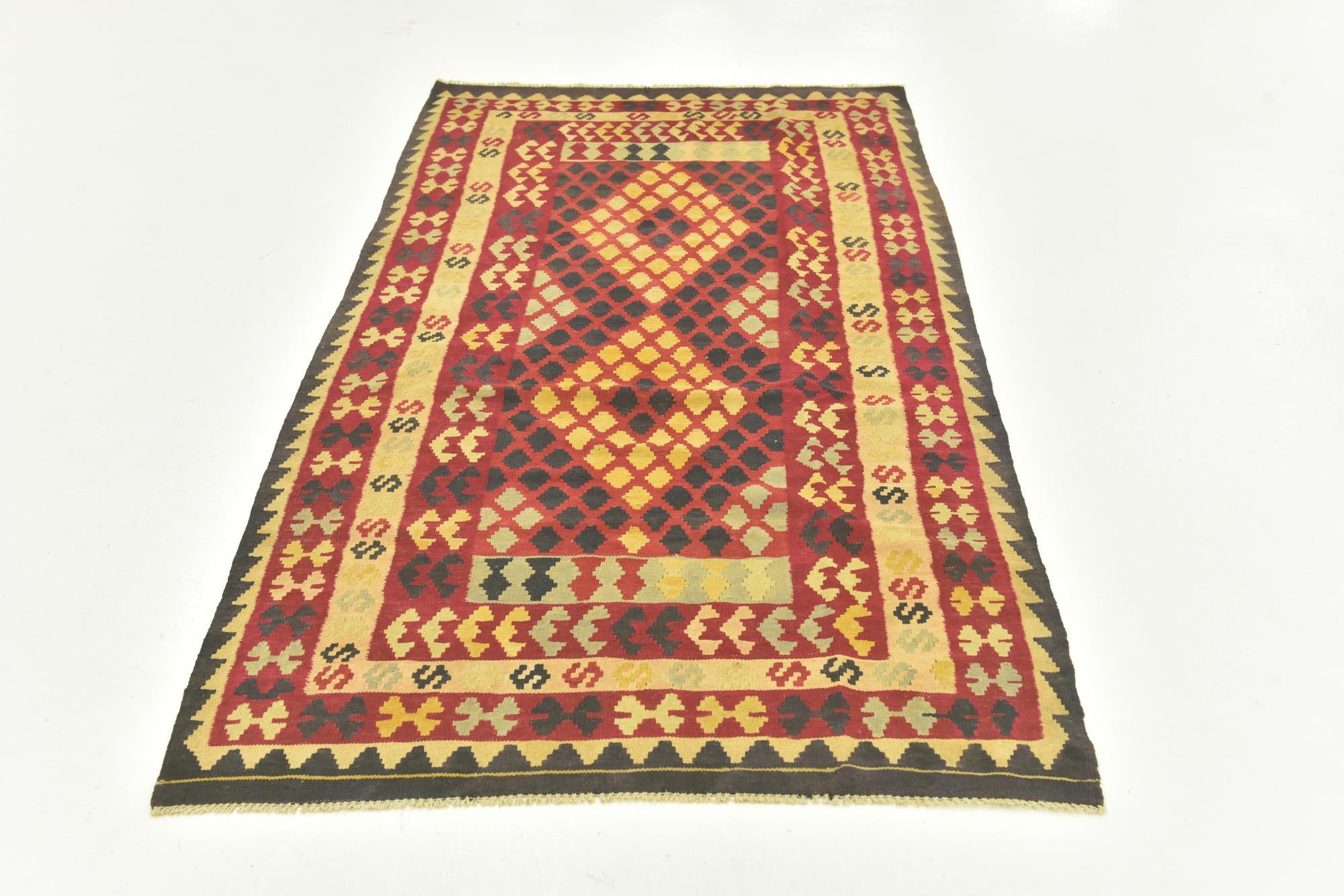 3' 4 x 6' 3 Hand Woven Kilim Maymana Wool Runner Rug