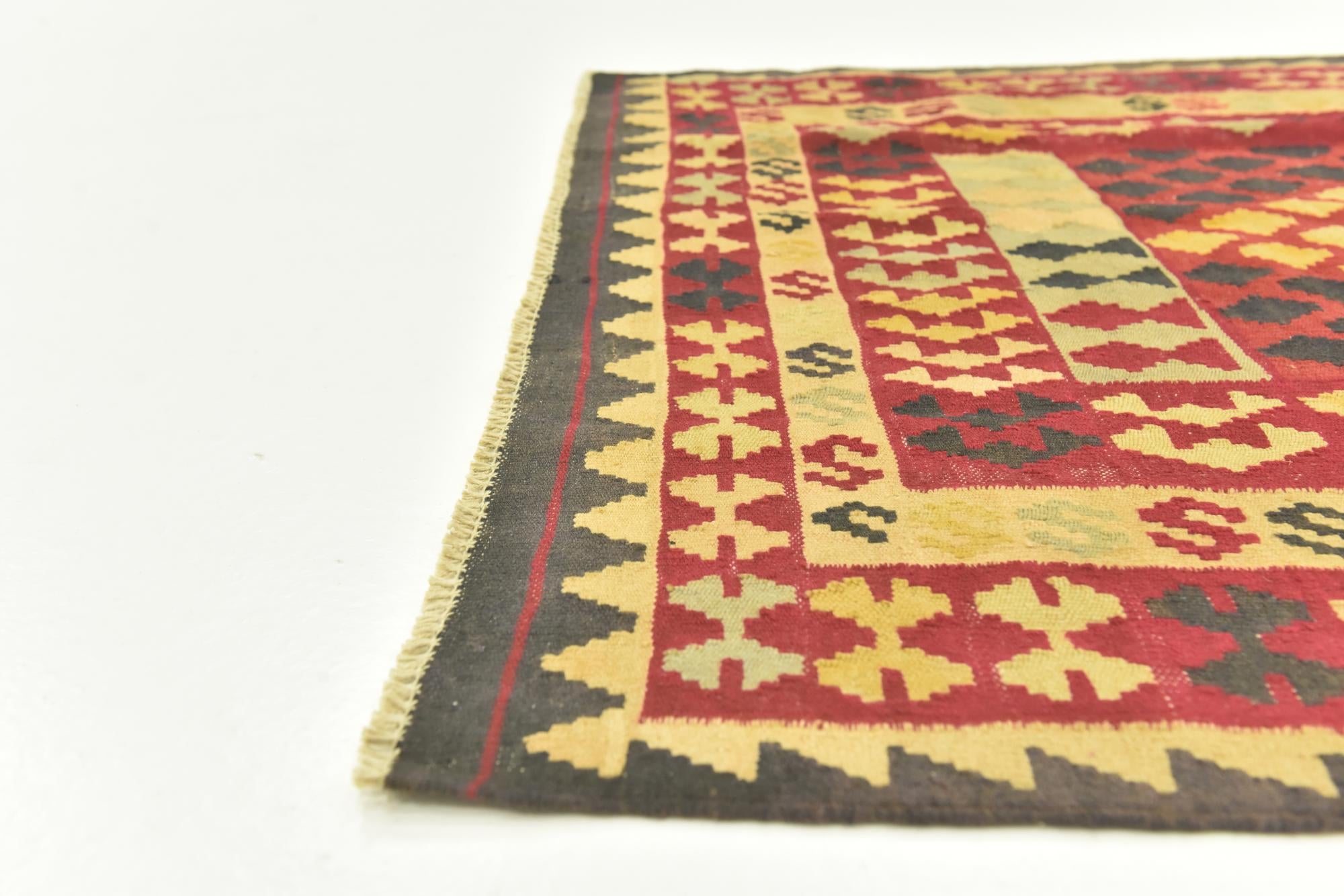 3' 4 x 6' 3 Hand Woven Kilim Maymana Wool Runner Rug