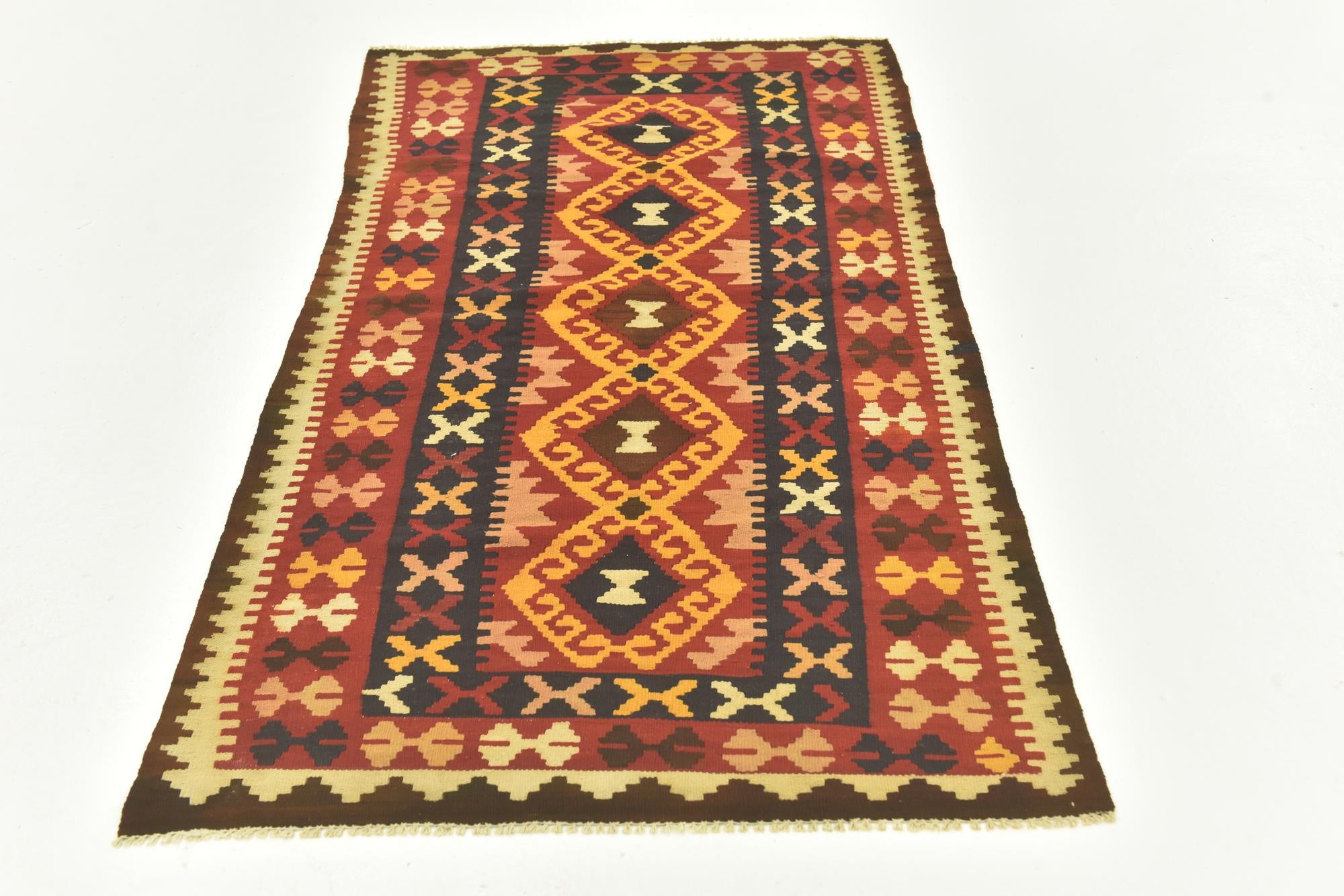 3' 7 x 6' 8 Hand Woven Kilim Maymana Wool Runner Rug
