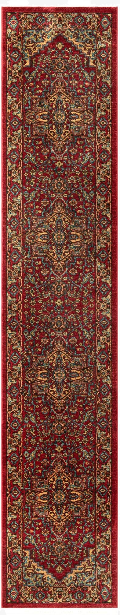 A 13 ft runner rug from the Sara collection, featuring a traditional Oriental medallion pattern in rich reds, teal, and gold.