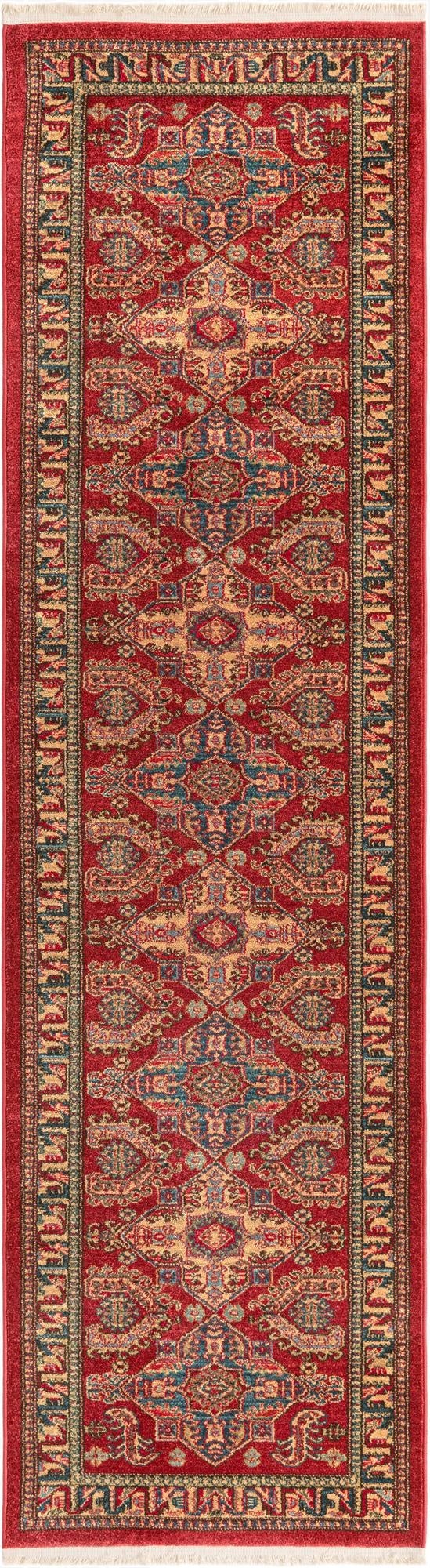 A 10 ft red runner rug with a traditional Southwestern medallion pattern in gold, blue, and green, perfect for a hallway.