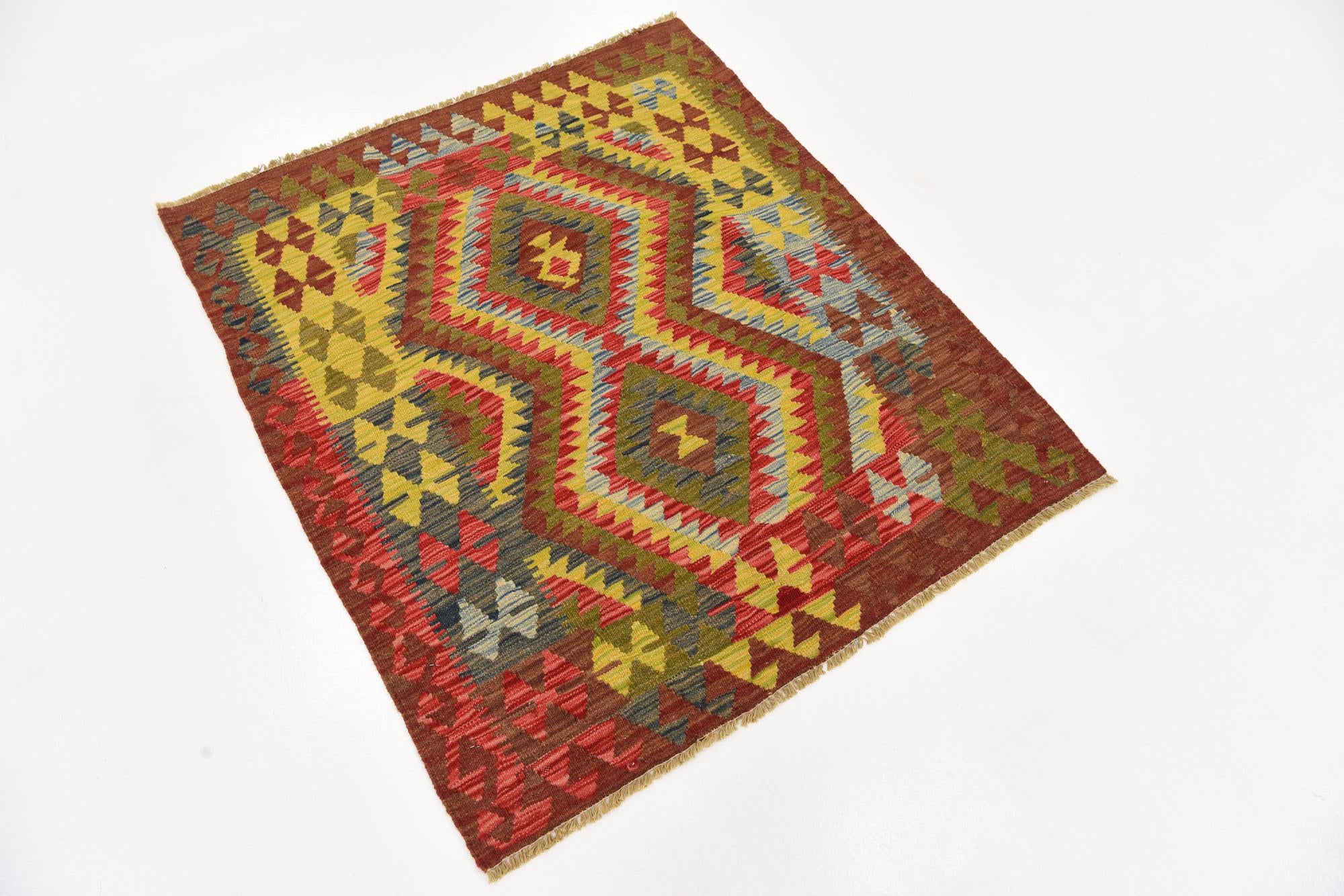 3' 4 x 3' 10 Hand Woven Kilim Maymana Wool Square Rug