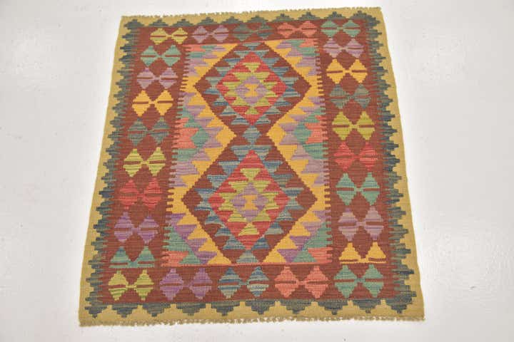 3' 2 x 3' 6 Hand Woven Kilim Maymana Wool Square Rug