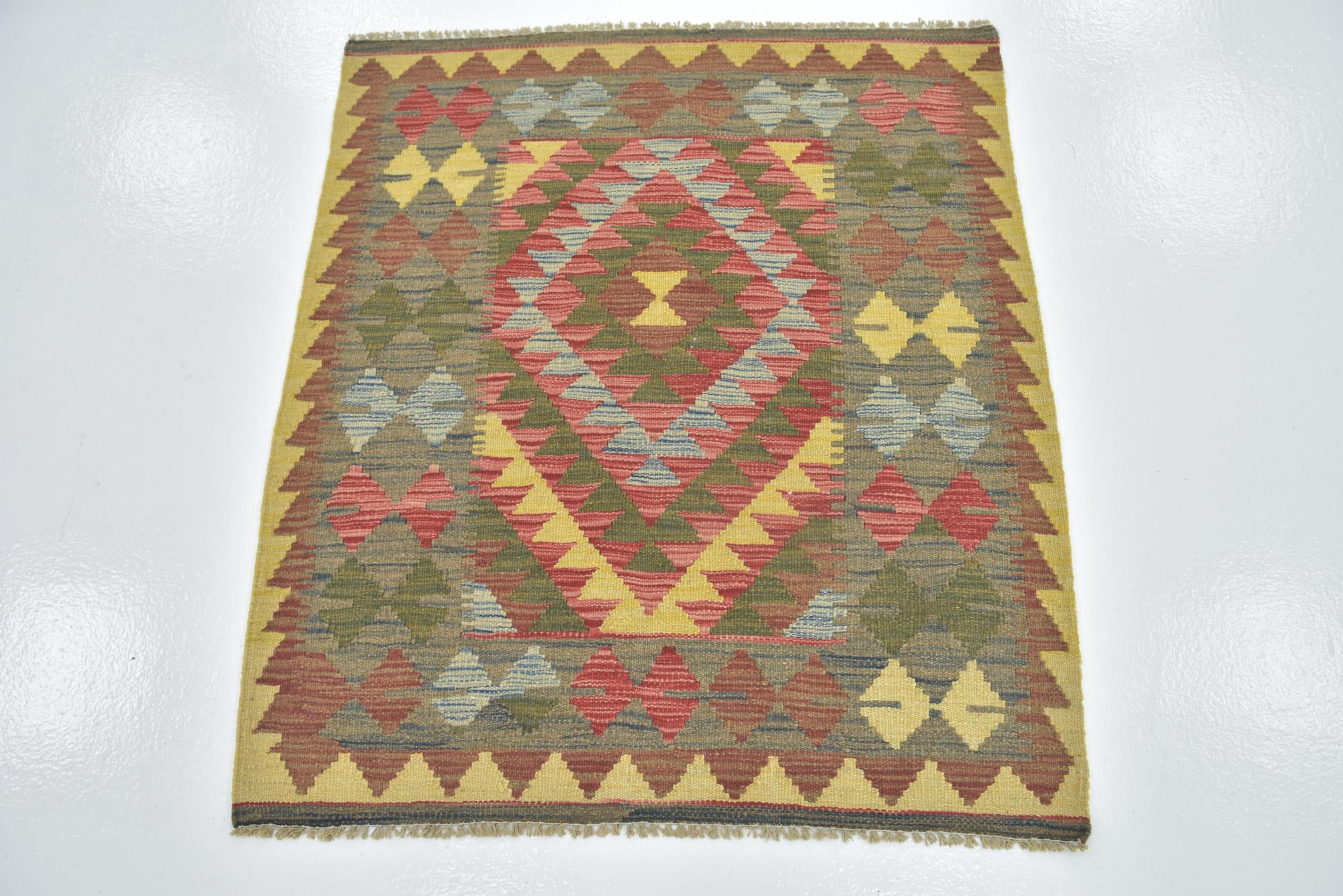 3' 2 x 3' 7 Hand Woven Kilim Maymana Wool Square Rug