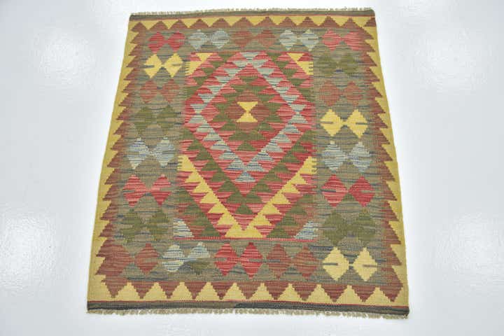 3' 2 x 3' 7 Hand Woven Kilim Maymana Wool Square Rug
