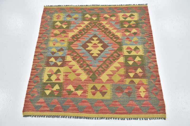 3' 4 x 3' 5 Hand Woven Kilim Maymana Wool Square Rug