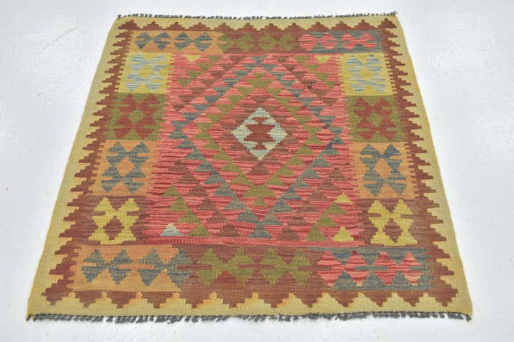 3' 2 x 3' 7 Hand Woven Kilim Maymana Wool Square Rug