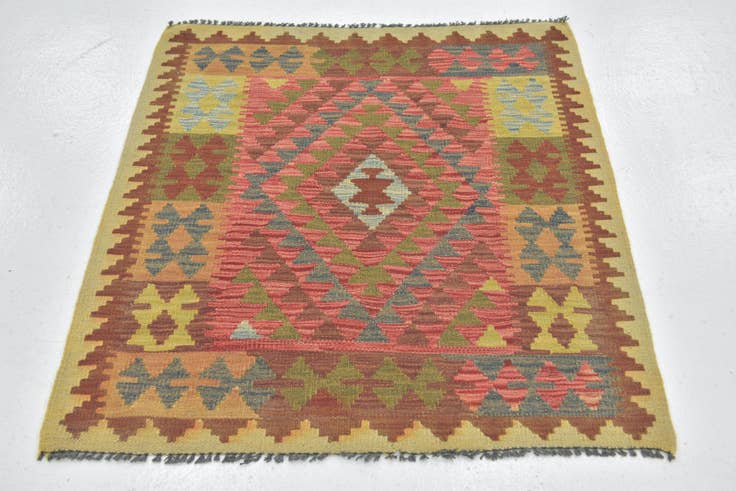 Detail image of 3' 2 x 3' 7 Hand Woven Kilim Maymana Wool Square Rug