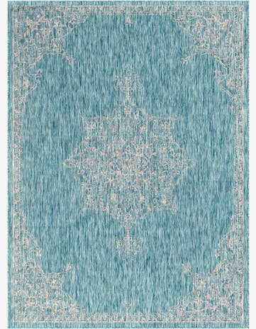 9' x 12' Rhys · Medallion Outdoor Rug, aqua and gray