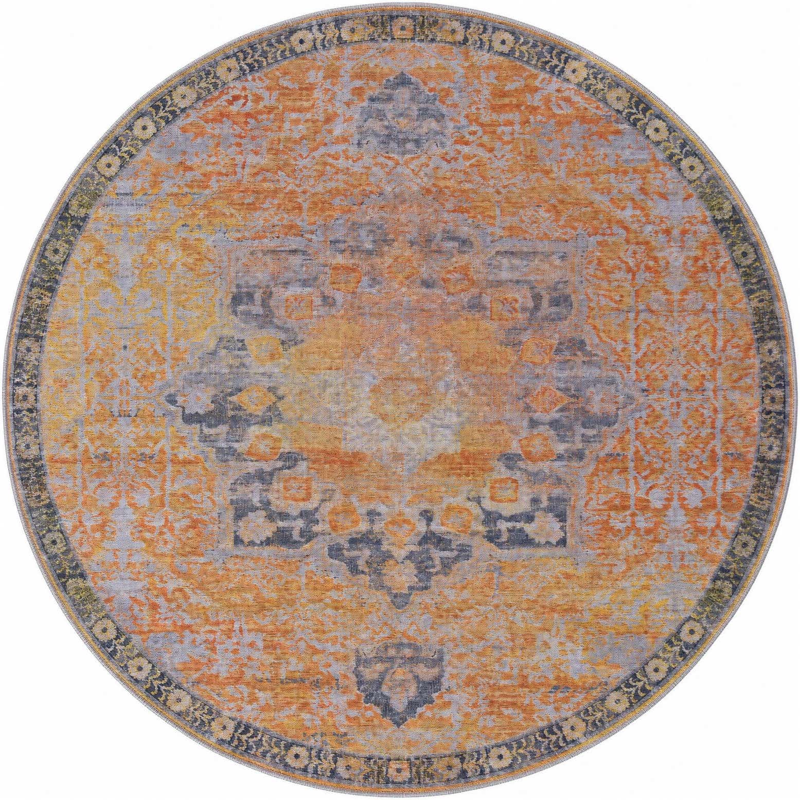 5' x 5' Rideout · Distressed medallion rug, yellow and slate