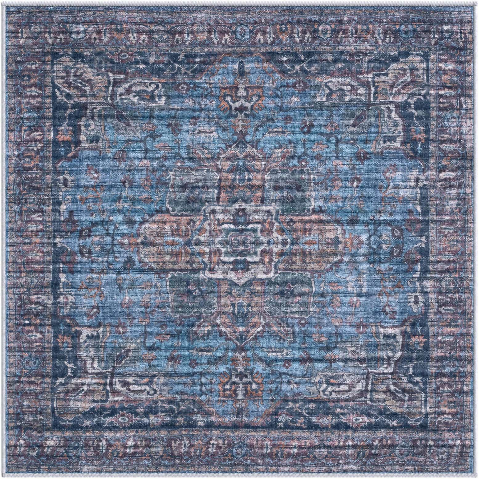 4' x 4' Roarke · Distressed medallion rug, blue and rust