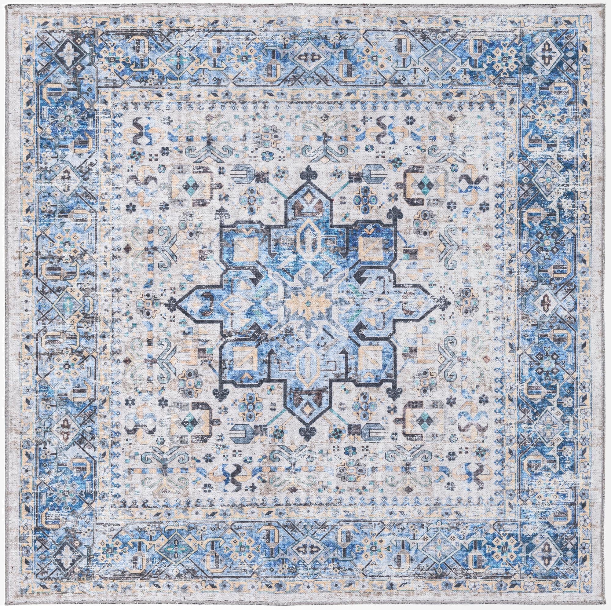 A 5'x5' square blue Bohemian rug with a distressed medallion pattern and intricate border.