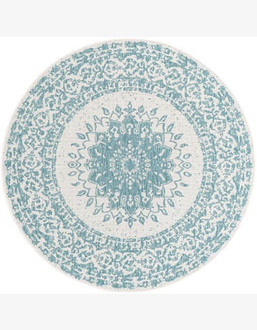 6' x 6' Royce · Medallion Outdoor Rug, aqua and ivory