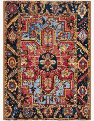 Rust Red and Blue Easy-Clean Traditional Indoor / Outdoor Rug