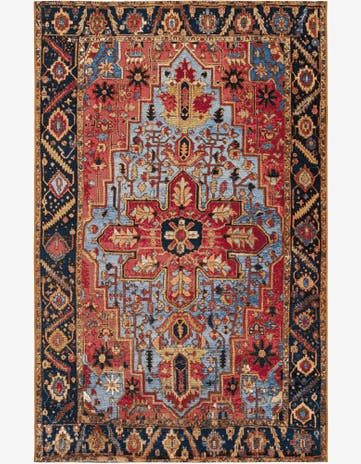 Rust Red and Blue Easy-Clean Traditional Indoor / Outdoor Rug