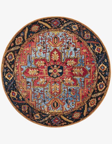 Rust Red and Blue Easy-Clean Traditional Indoor / Outdoor Round Rug