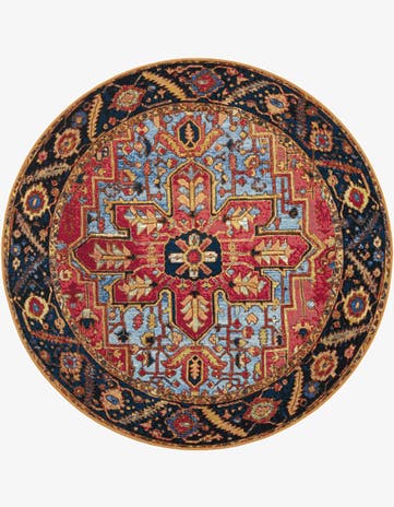 Rust Red and Blue Easy-Clean Traditional Indoor / Outdoor Round Rug