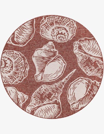Rust Red and Ivory Easy-Clean Coastal Indoor / Outdoor Round Rug