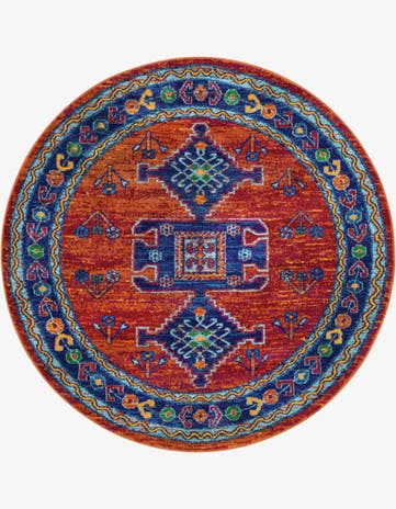 Rust Red Blue Calypso Round Rug