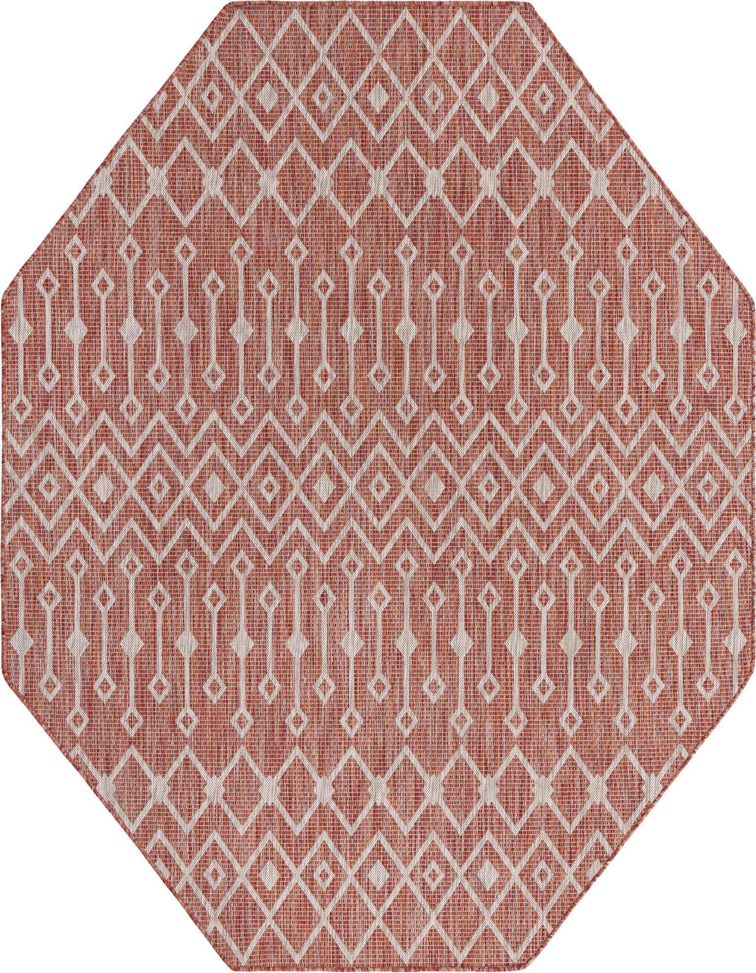 Octagon 7'10" x 7'10" orange and red tribal patterned flatweave rug, ideal for indoor or outdoor use.
