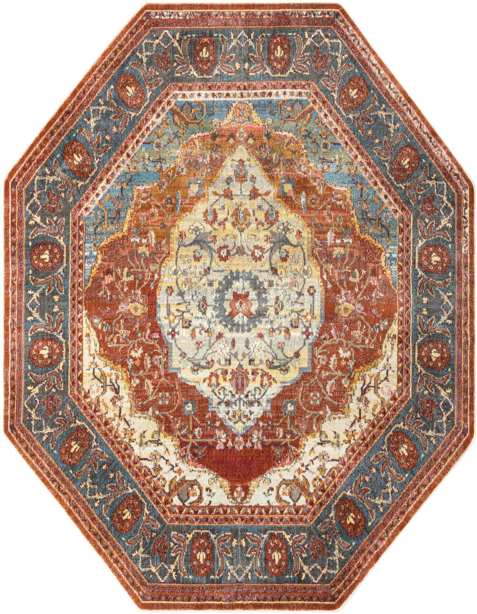 7' 0 x 7' 0 octagon rug with a distressed traditional medallion pattern in shades of orange, red, and blue.