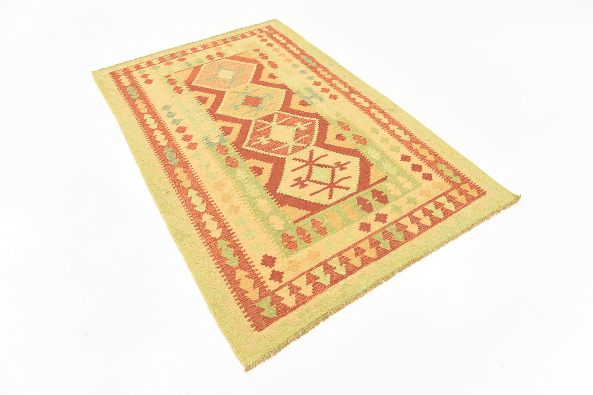 4' x 6' 3 Hand Woven Kilim Waziri Wool Rug