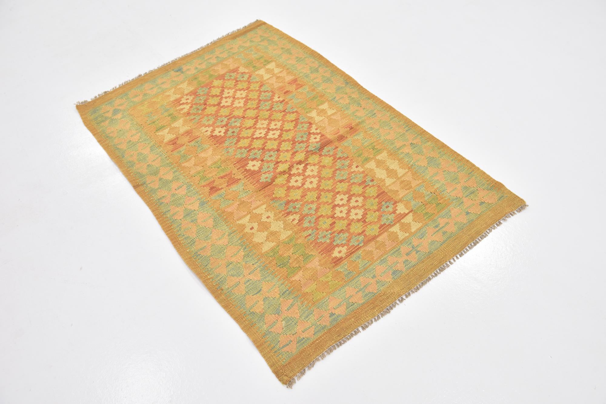 3' x 4' 4 Hand Woven Kilim Waziri Wool Rug