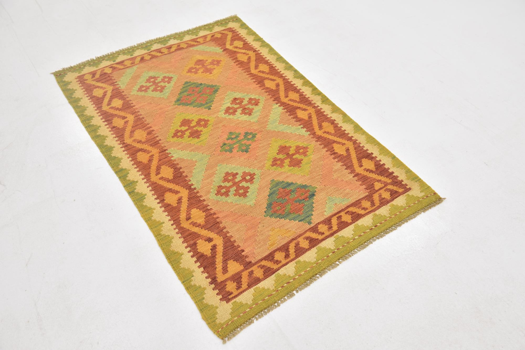 3' 2 x 4' 10 Hand Woven Kilim Waziri Wool Rug