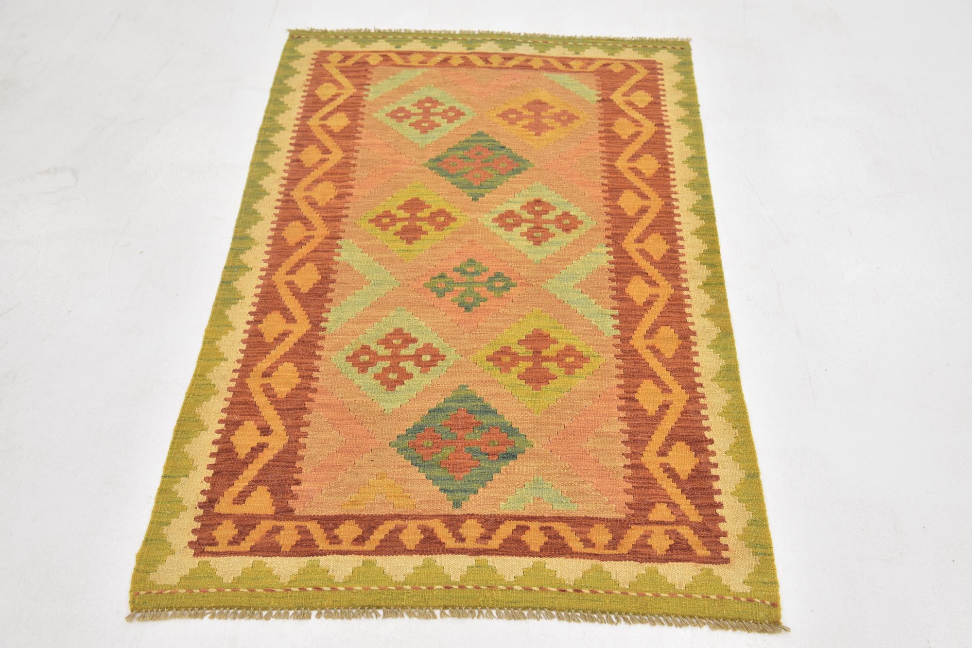 3' 2 x 4' 10 Hand Woven Kilim Waziri Wool Rug