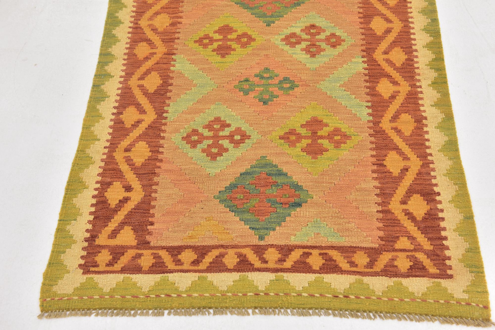 3' 2 x 4' 10 Hand Woven Kilim Waziri Wool Rug
