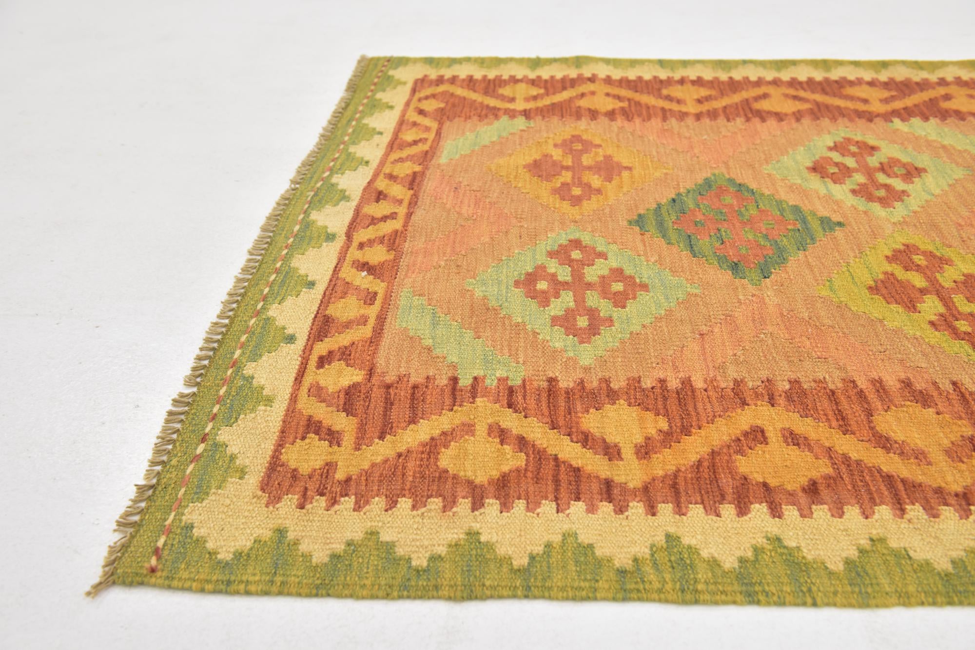 3' 2 x 4' 10 Hand Woven Kilim Waziri Wool Rug
