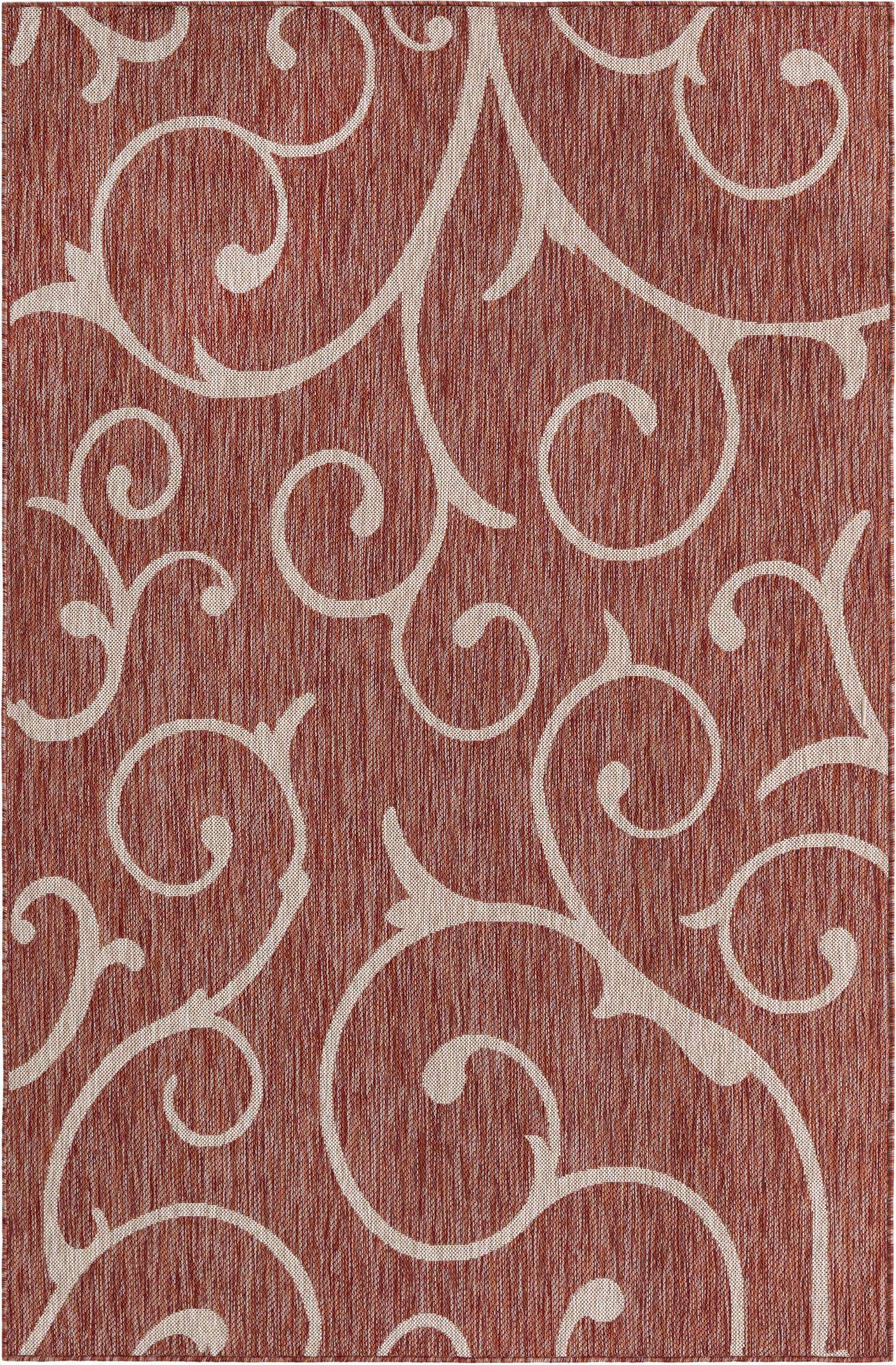 Custom Rust Red Easy-Clean Botanical Indoor / Outdoor Rug