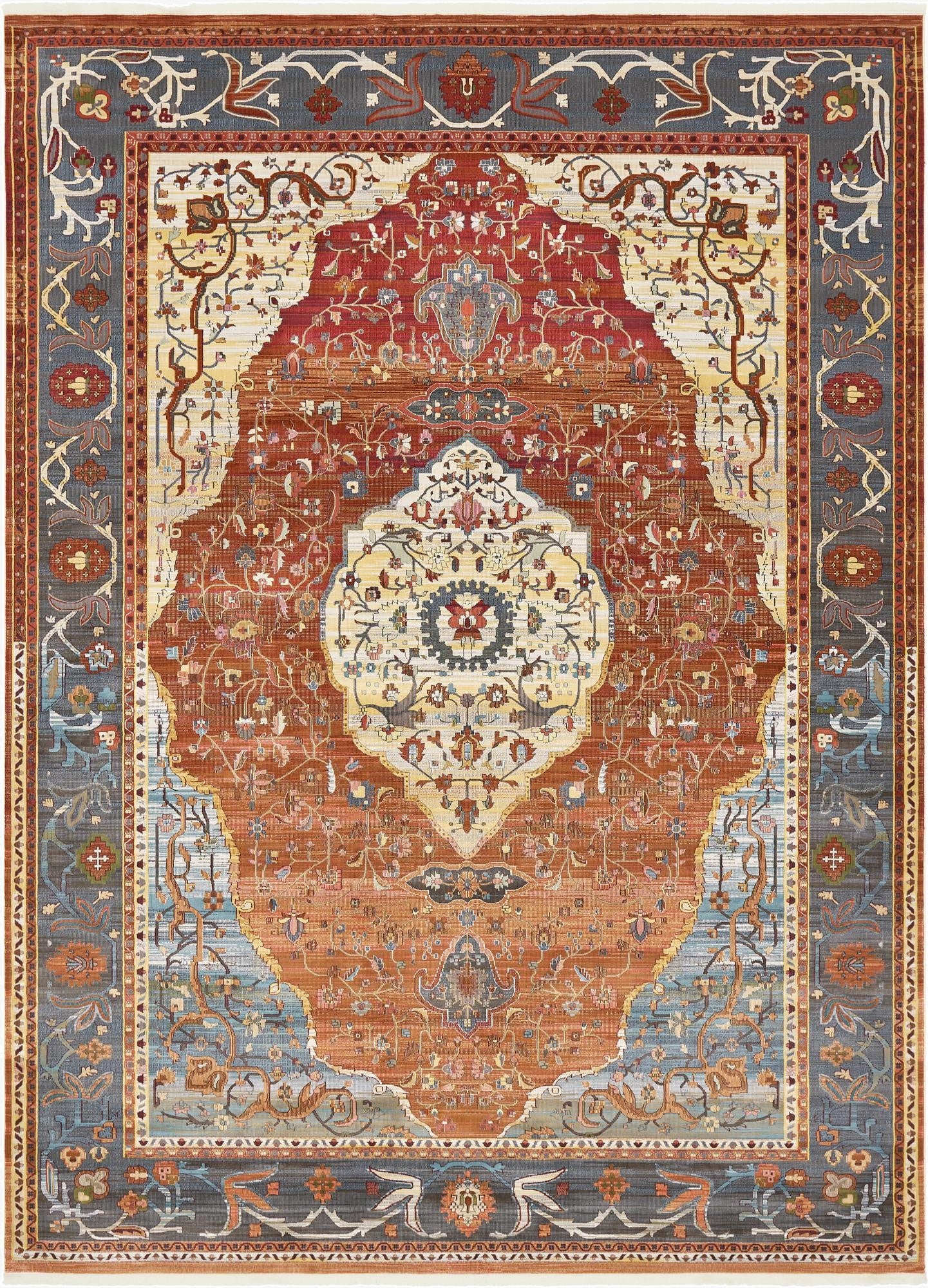 A 10x13 rectangular Santiago rug featuring a vibrant medallion pattern in oranges, reds, and blues, with traditional and bohemian influences.