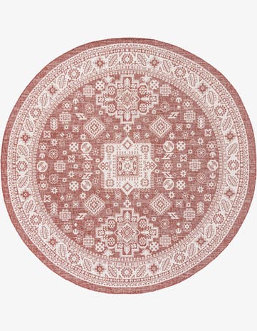 Rust Red Easy-Clean Aztec Indoor / Outdoor Round Rug