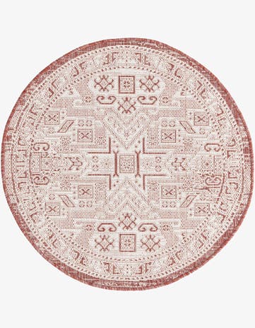 Rust Red Easy-Clean Aztec Indoor / Outdoor Round Rug