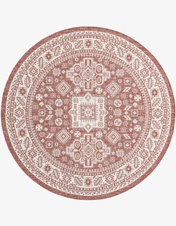 Rust Red Easy-Clean Aztec Indoor / Outdoor Round Rug