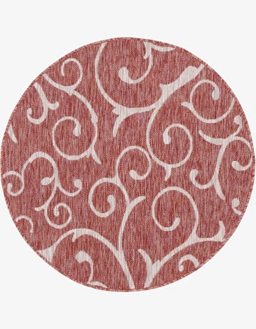 Rust Red Easy-Clean Botanical Indoor / Outdoor Round Rug