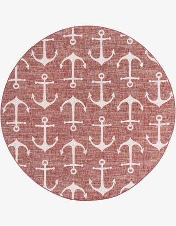 Rust Red Easy-Clean Coastal Indoor / Outdoor Round Rug