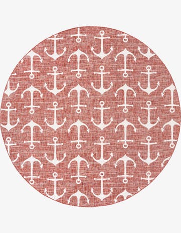 Rust Red Easy-Clean Coastal Indoor / Outdoor Round Rug