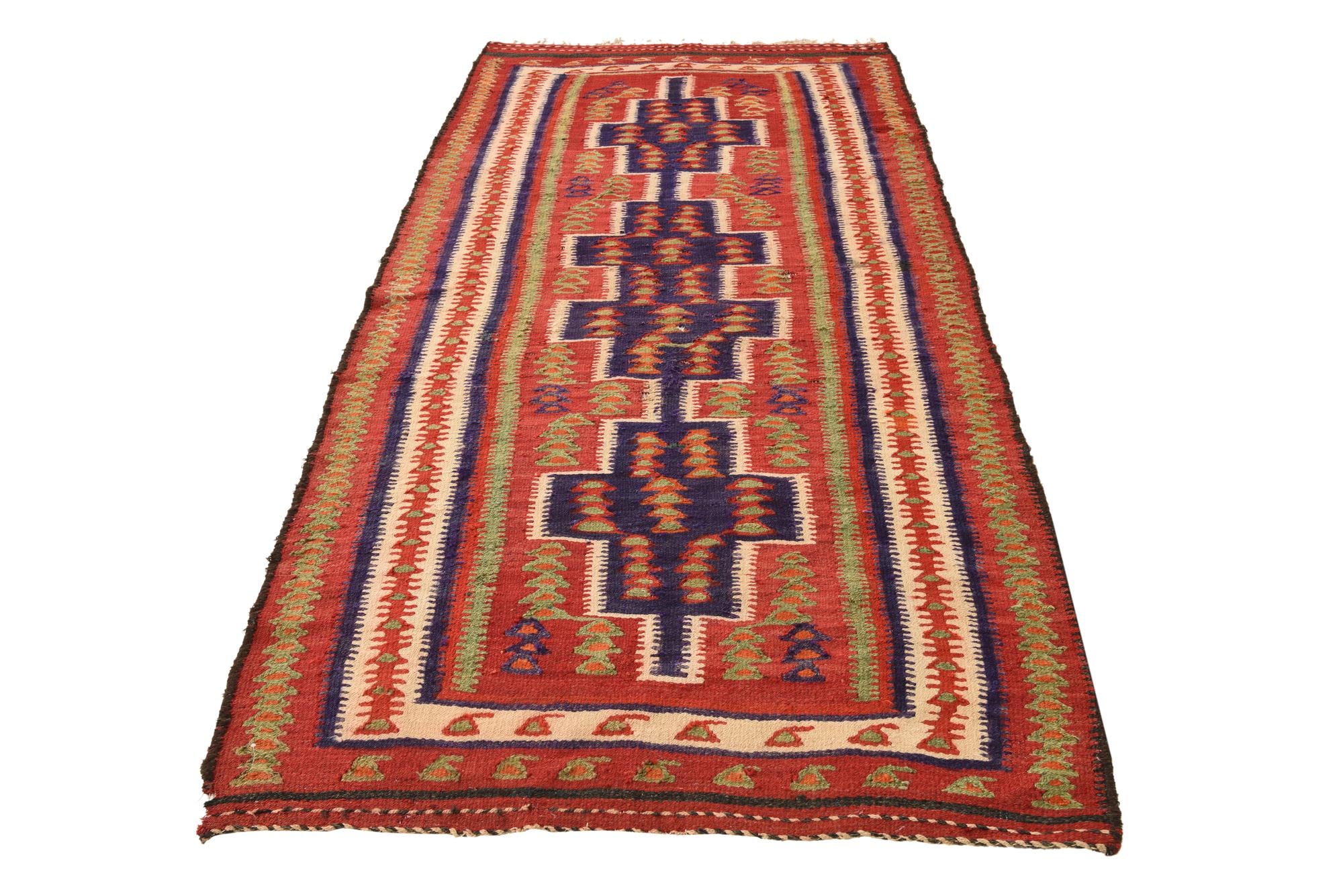 4' 2 x 9' 3 Hand Woven Kilim Fars Wool Runner Rug