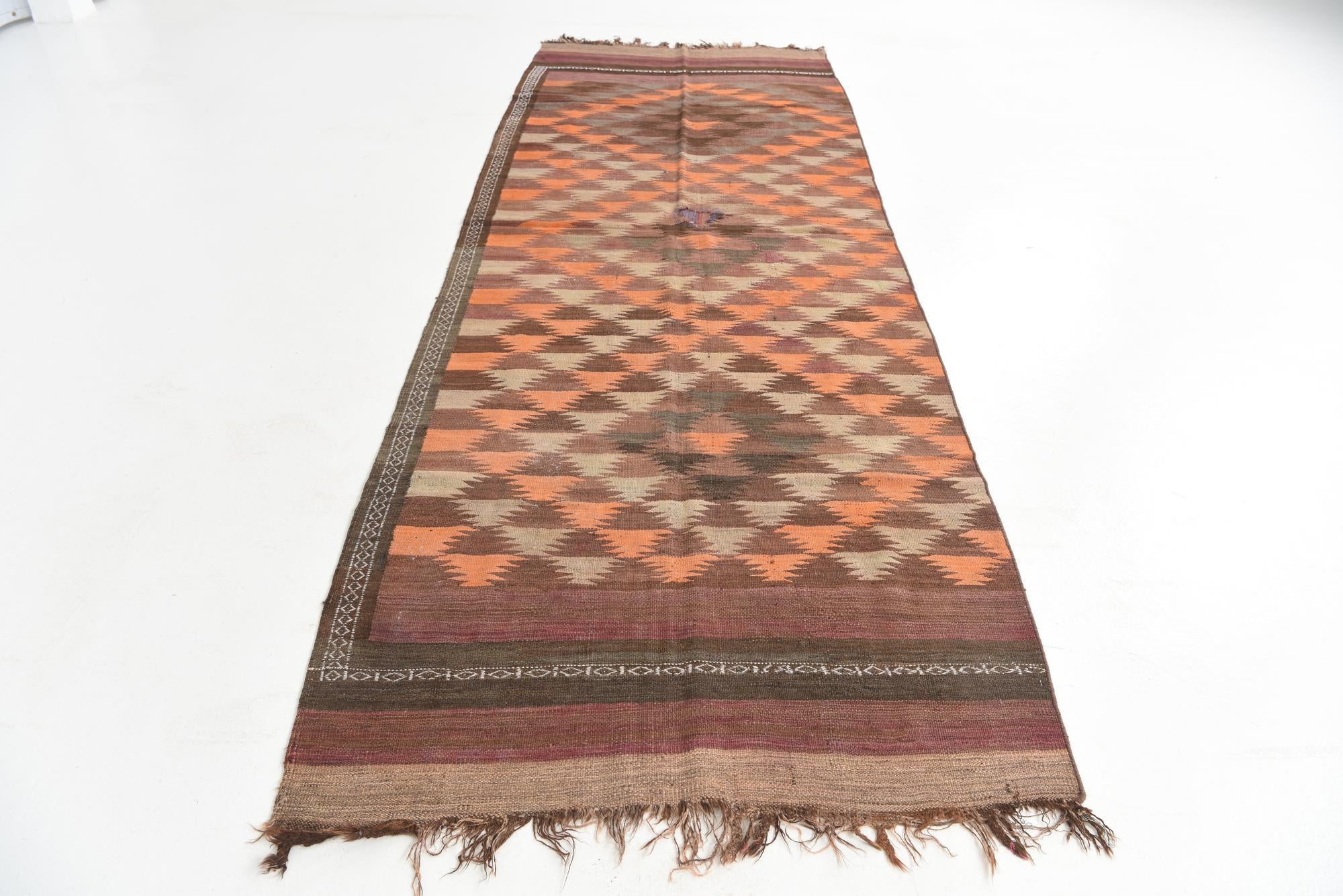 4' 2 x 11' 9 Hand Woven Kilim Maymana Wool Runner Rug