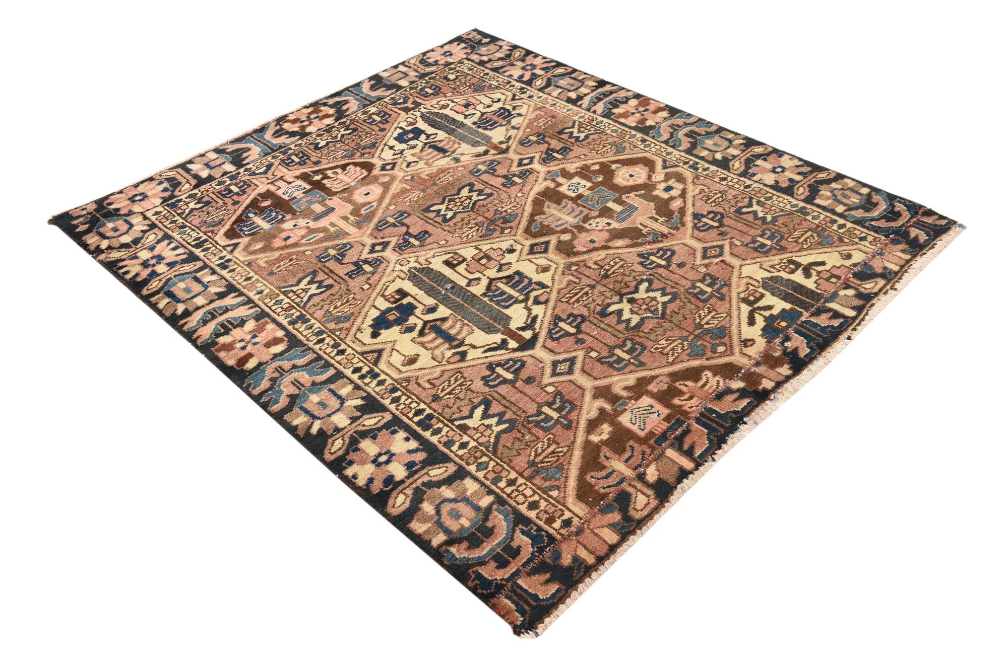 4' 8 x 5' 5 Hand Knotted Ultra Vintage Persian Wool Square Rug