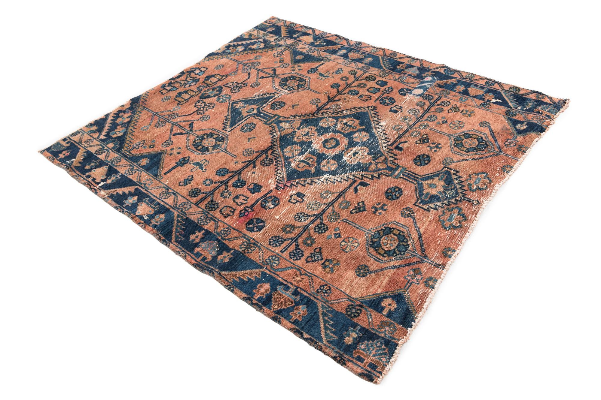 4' 7 x 5' Hand Knotted Ultra Vintage Persian Wool Square Rug