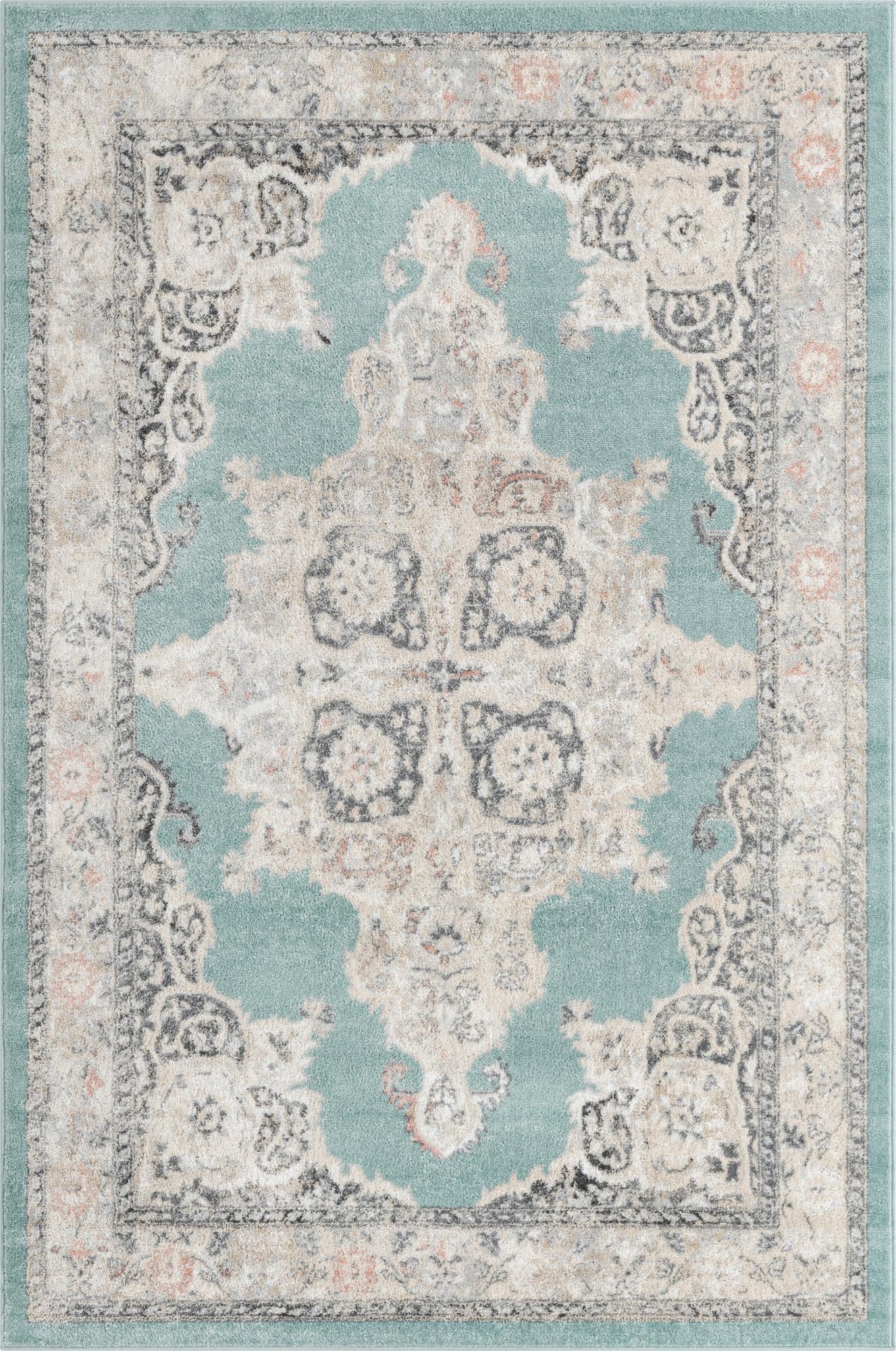 6' x 9' Selby · Medallion rug, aqua and ivory