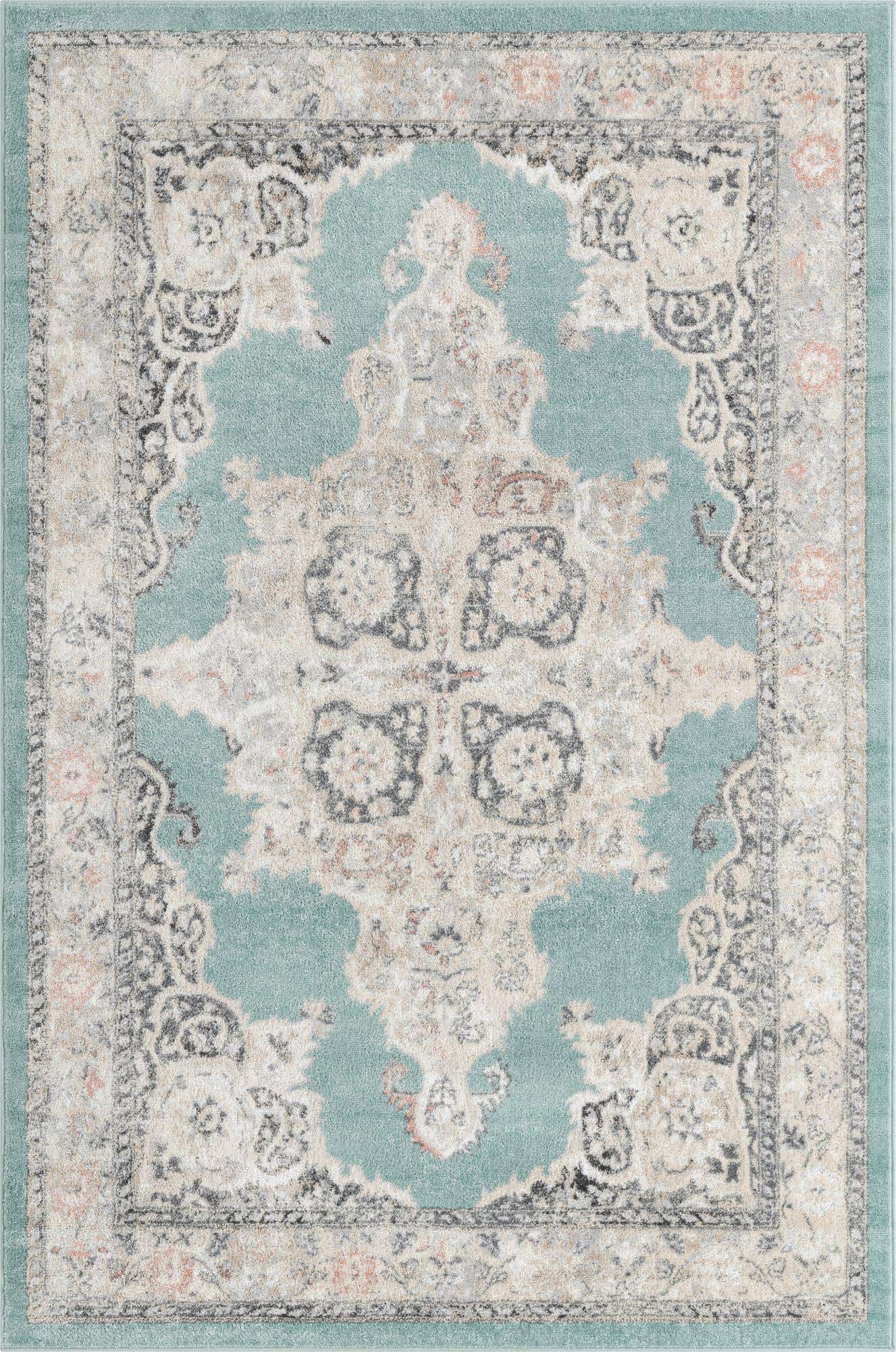 6' x 9' Selby · Medallion rug, aqua and ivory