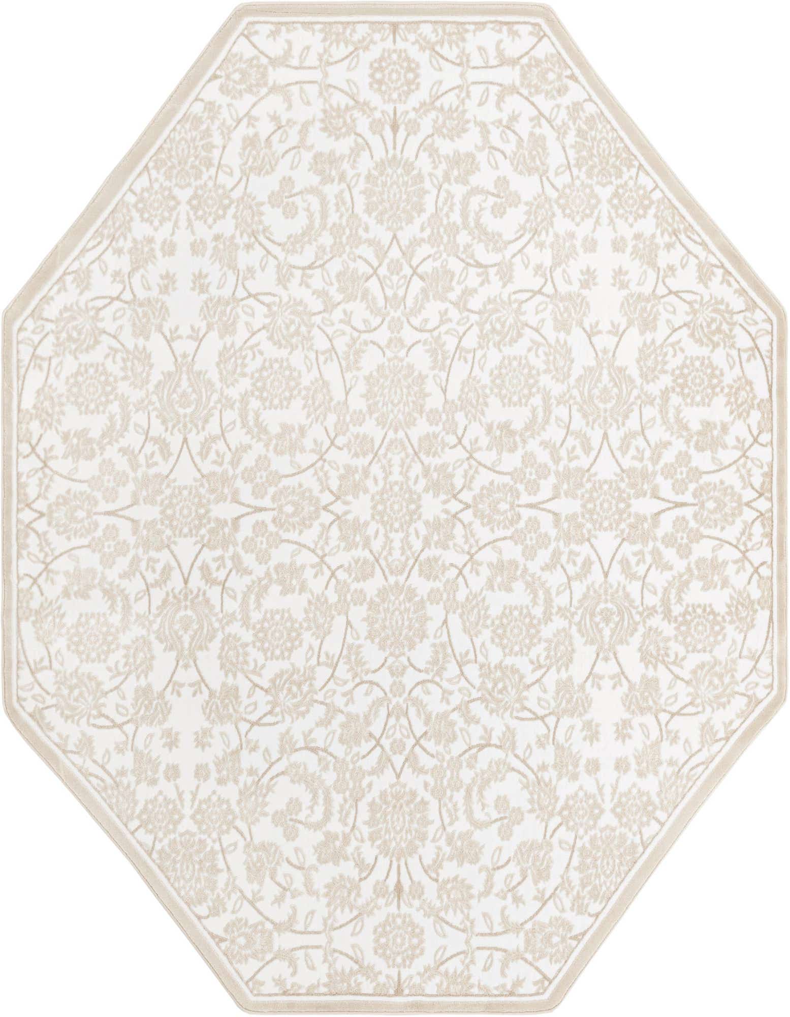 An octagonal white area rug with a subtle, textured beige traditional floral pattern and a thin border.